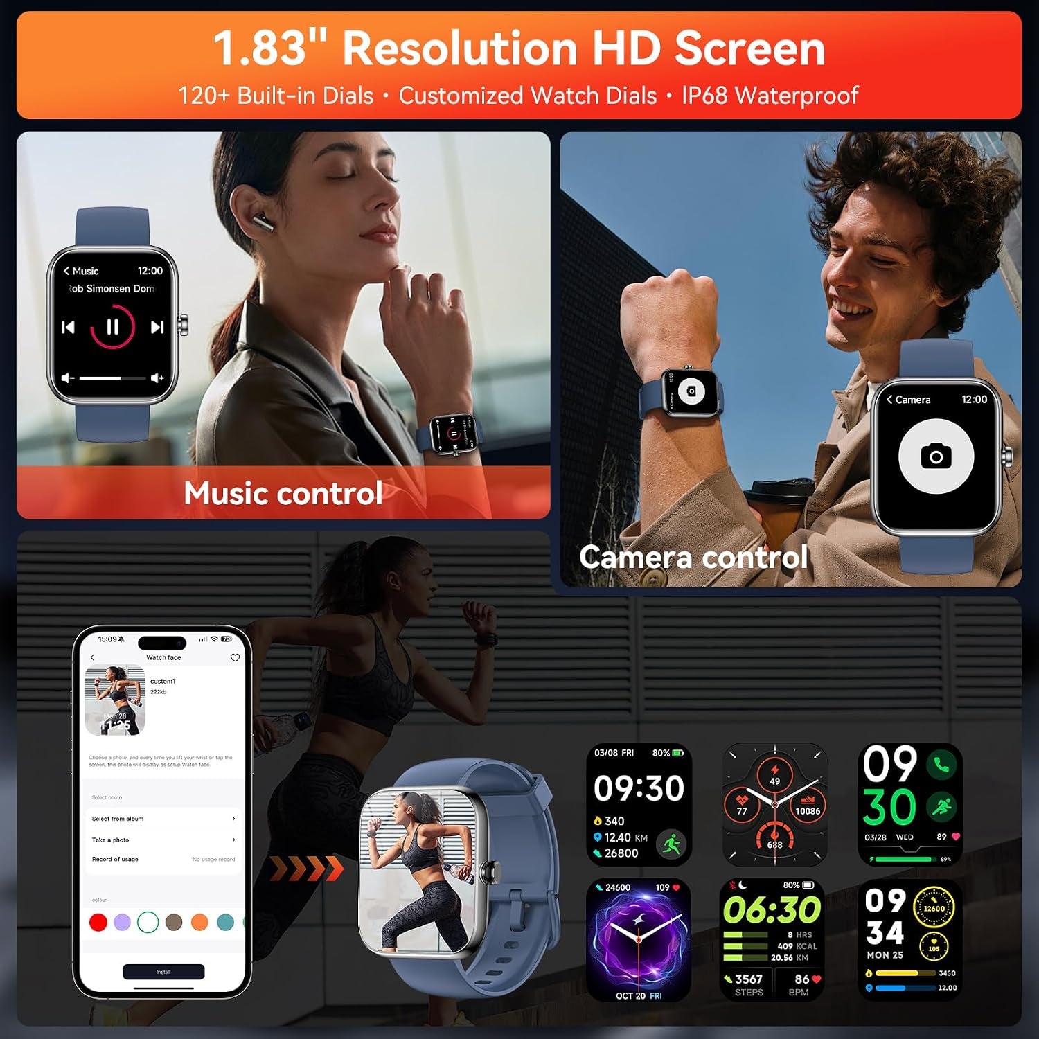 Smart Watch with Alexa Built-In, 1.83" HD Touchscreen Fitness Tracker, Bluetooth Notifications/Calls, IP68 Waterproof, 120+ Sport Modes, 24/7 Heart Rate & Sleep Monitor for Iphone Android Ios (Blue)