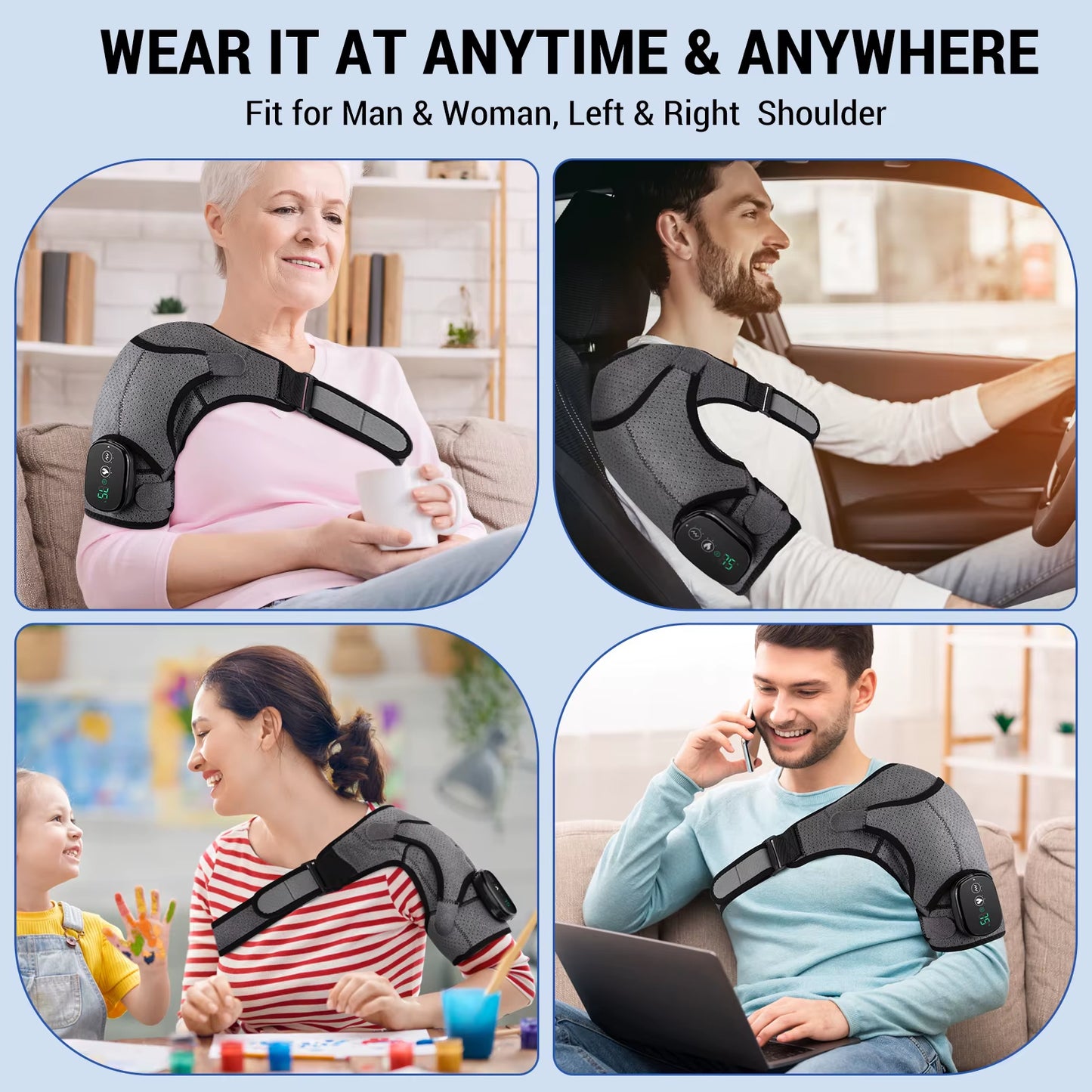Electric Shoulder Massager 3 Levels Heating Vibration Massage Belt Shoulder Brace Wrap Pad Rechargeable