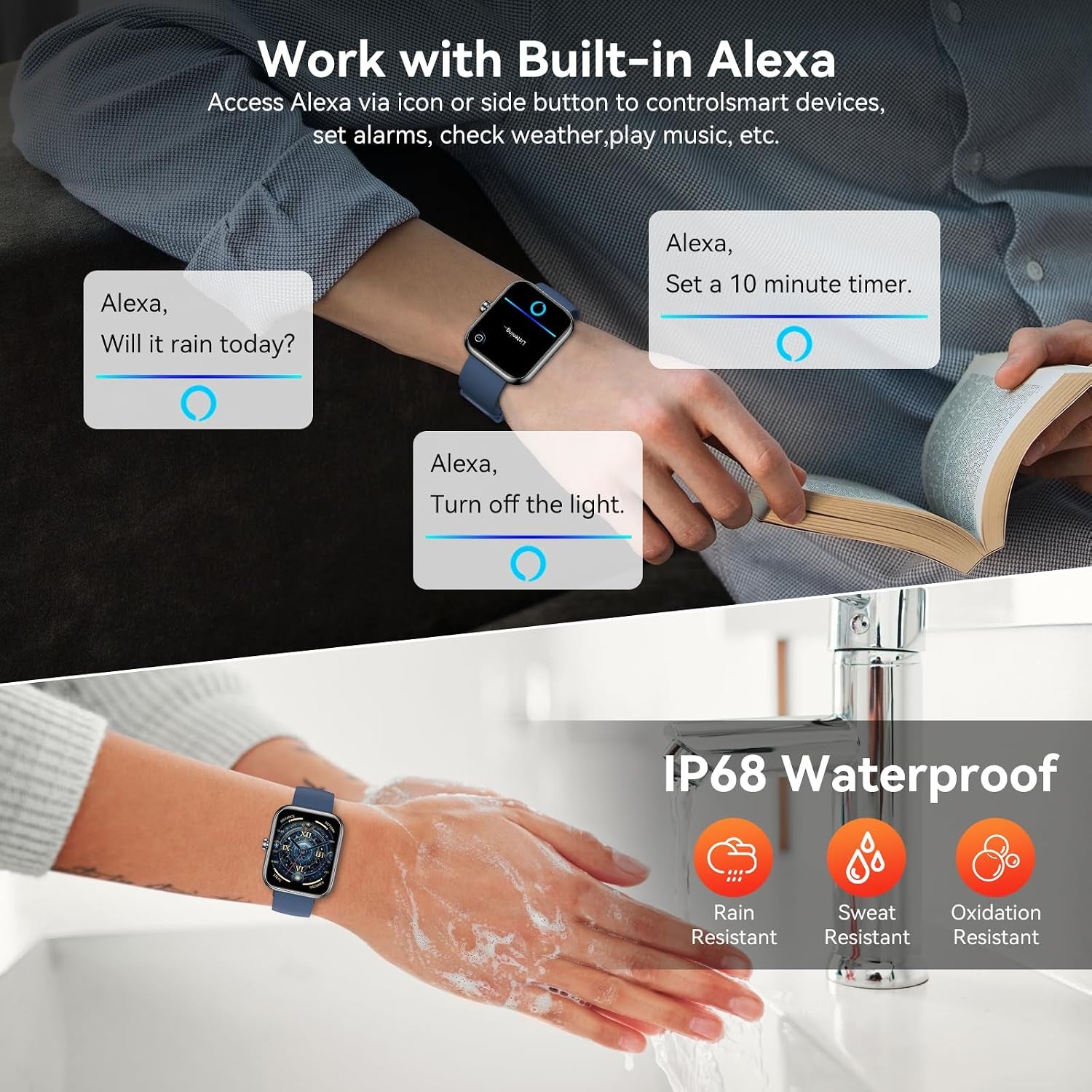 Smart Watch with Alexa Built-In, 1.83" HD Touchscreen Fitness Tracker, Bluetooth Notifications/Calls, IP68 Waterproof, 120+ Sport Modes, 24/7 Heart Rate & Sleep Monitor for Iphone Android Ios (Blue)